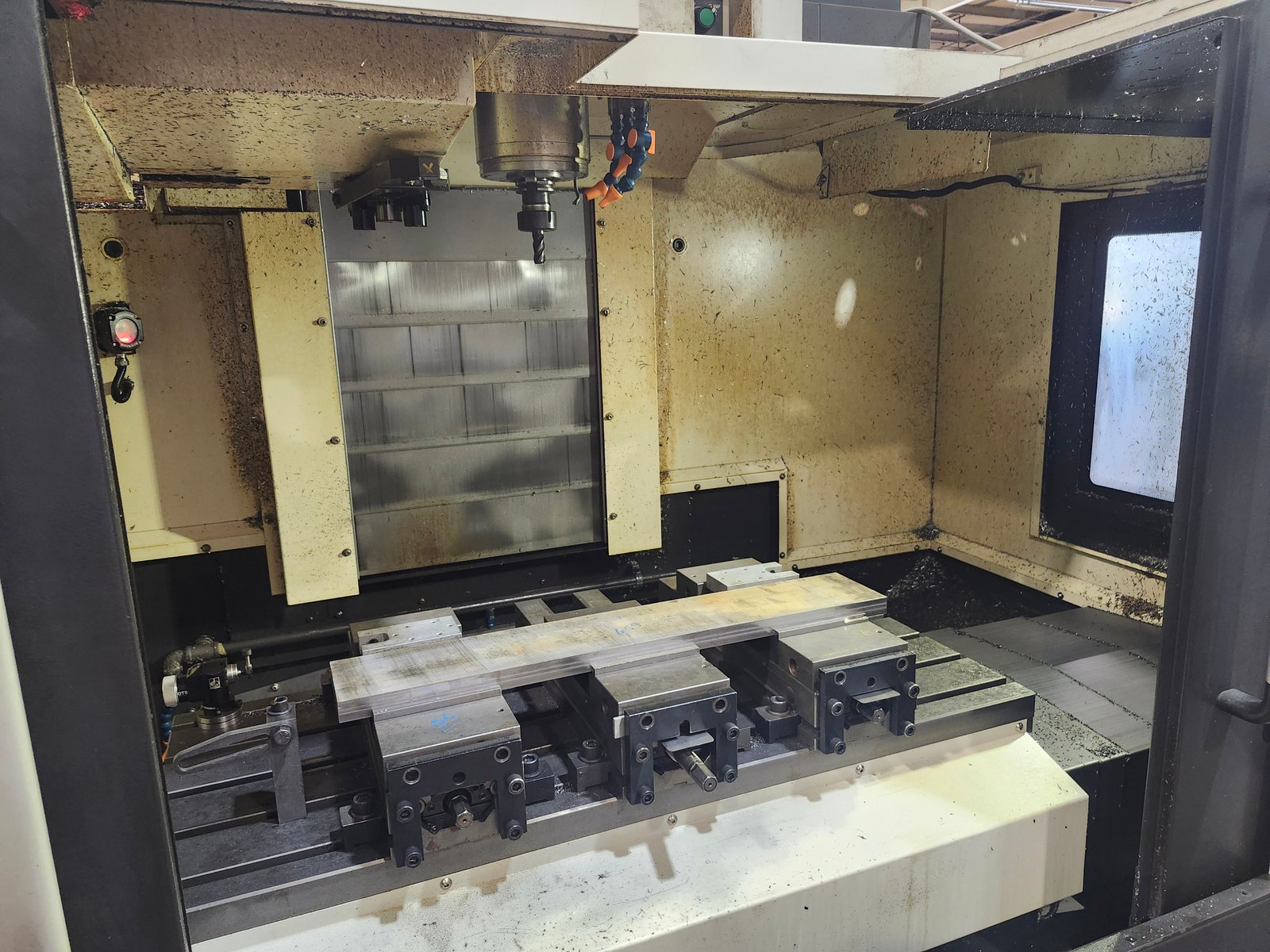 Front view inside of 2012 Hyundai WIA F500 vertical machining center.